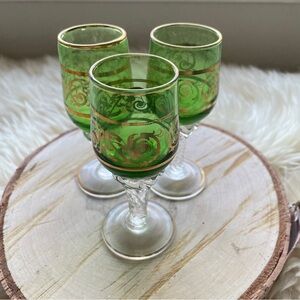 Vtg Czech Crystal Sherry Glasses Set 3 Green Gold Filigree